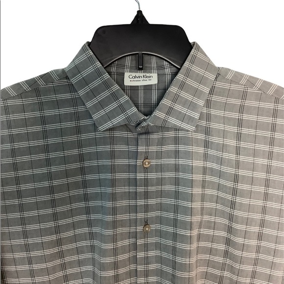 Calvin Klein L Large 16 1/2 Button Front Shirt Plaid Long Sleeve 34 35 Gray NWOT - Picture 4 of 9